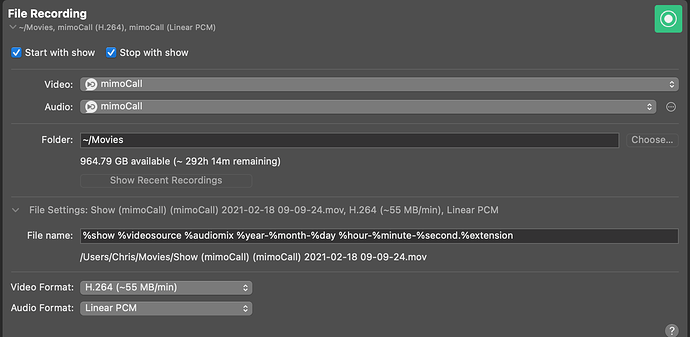 Screenshot of the File Recording output desitination